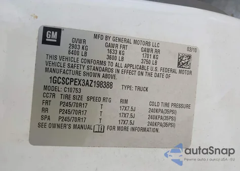 2010 Chevrolet Silverado 1500 Work Truck from USA, damaged, VIN 1GCSCPEX3AZ198388